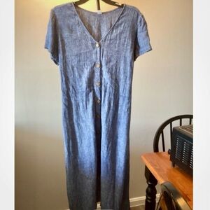 L Old Navy Linen Blend Denim Look Button Front Midi Dress Short Sleeves